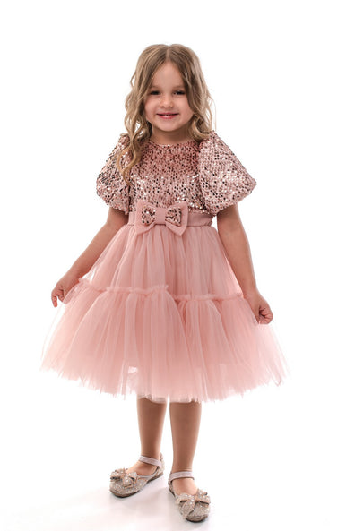 BLYTHE - Rochita de ocazie din catifea cu paiete, tulle fin si fundite decorative, roz